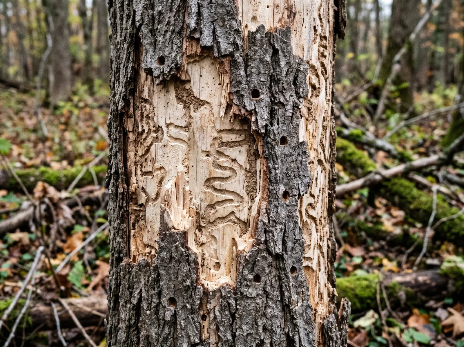 Dead ash trunk with bark stripped away, showing winding borer galleries and small exit holes
