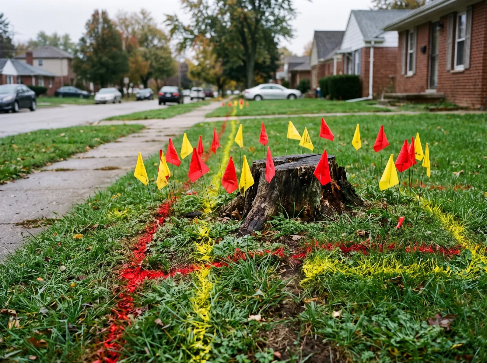 Red and yellow utility locate flags and paint marks on a lawn near a stump